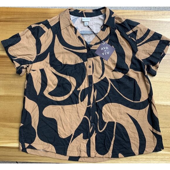 Ava & Viv Womens Plus Size Black & Tan Abstract Button-Front Shirt Size XXL - Picture 3 of 15